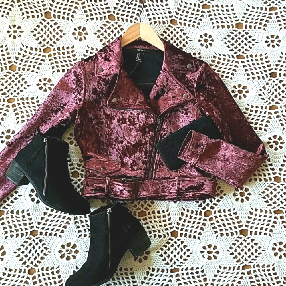 Crushed Velvet Eggplant Coloured Moto Jacket
